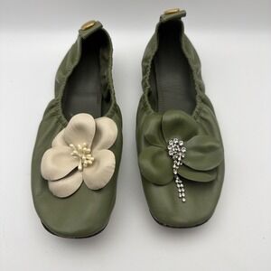 Tory Burch Size 6 Rare 2 Flower Ballet Flats Olive Green Rhinestones Cream